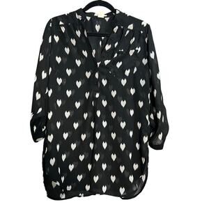 A’gaci A’gaci A’gaci Size Large Black and Cream Heart Design Sheer Blouse Top